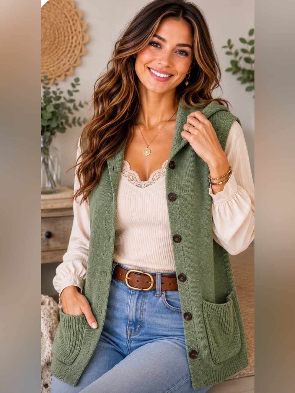 Olive Green Hooded Knit Sweater Vest Cardigan | Women's XL